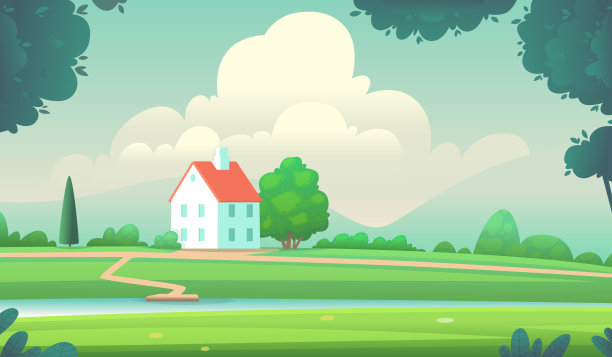 在多山地形的背景下，河岸上舒适的乡村别墅。风景如画的风景图片下载