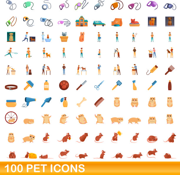 100个宠物图标设置卡通风格图片下载