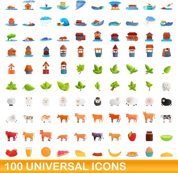 100个通用图标设置卡通风格图片下载