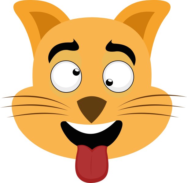 矢量插图的卡通猫的头与嘲弄的表情与狂野的眼睛和伸出他的舌头与张开的嘴图片下载