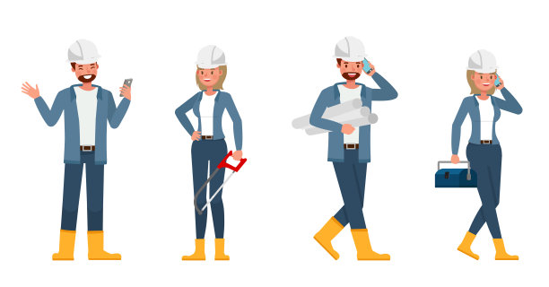工程师们穿着蓝色夹克工作的角色矢量设计。表现在各种带有情感的动作中。图片下载