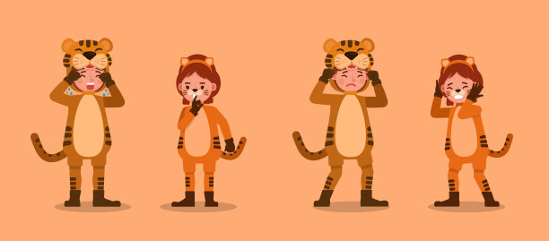 男孩和女孩穿着老虎服装矢量设计。表现在各种带有情感的动作中。图片下载