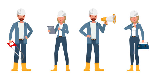 工程师们穿着蓝色夹克工作的角色矢量设计。表现在各种带有情感的动作中。图片下载