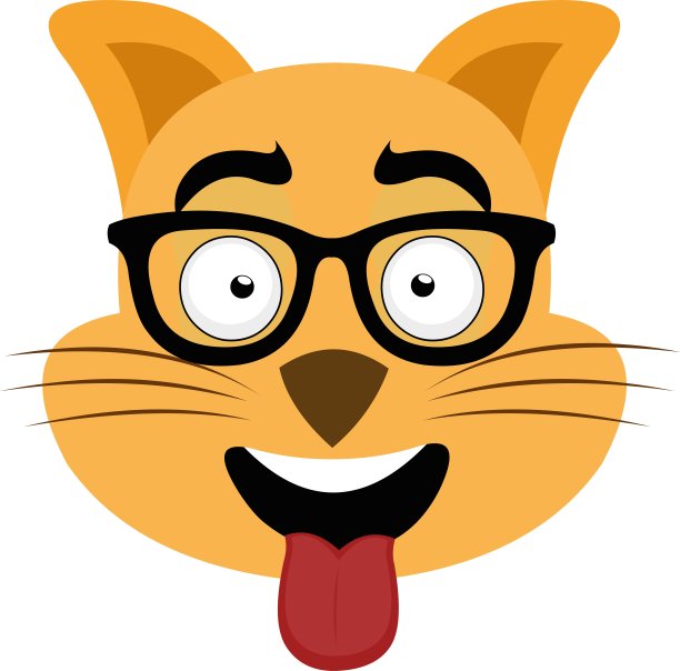 矢量表情插图卡通猫的头与愉快的表情，戴眼镜，伸出他的舌头与他的嘴张开图片下载
