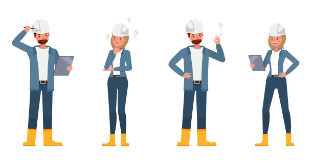 工程师们穿着蓝色夹克工作的角色矢量设计。表现在各种带有情感的动作中。图片下载