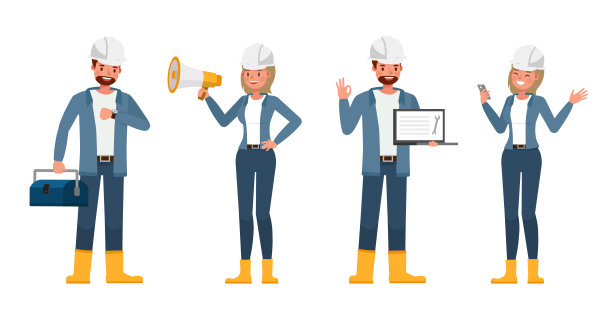 工程师们穿着蓝色夹克工作的角色矢量设计。表现在各种带有情感的动作中。图片下载