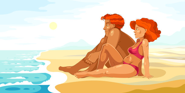 漂亮的年轻夫妇在海边沙滩上平静地放松和休息，看着大海，有吸引力的男人和女人在自然。图片下载