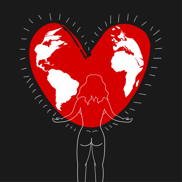 一个小女孩抱着一颗地球形状的心脏。爱地球概念设计书插图，横幅，海报，标语牌。拯救我们的星球。向量图片下载