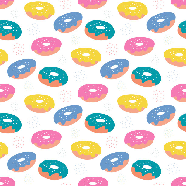 白色背景上有糖霜的彩色糖甜甜圈。平面风格的矢量无缝模式图片下载