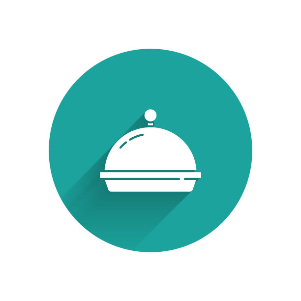 白色覆盖着一盘食物图标孤立与长影子。托盘和盖子。带有盖子的餐厅钟摆。厨房用具的象征。绿色圆圈按钮。向量图片下载
