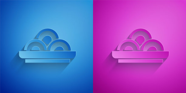 剪纸亚洲面条碗图标孤立在蓝色和紫色的背景。街头快餐。韩国菜，日本菜，中餐。纸艺术风格。向量图片下载