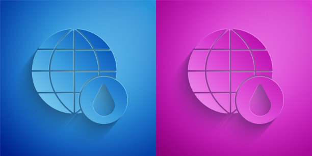 剪纸地球行星在水滴图标孤立在蓝色和紫色的背景。世界各地。45、节约用水，保护世界环境。纸艺术风格。向量图片下载