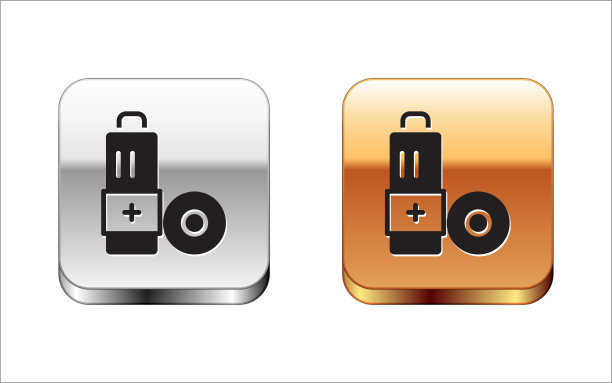 黑色电池图标孤立在白色背景。闪电的象征。金银平方按钮。向量图片下载