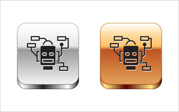 黑色机器人图标孤立在白色背景。人工智能，机器学习，云计算。金银平方按钮。向量图片下载