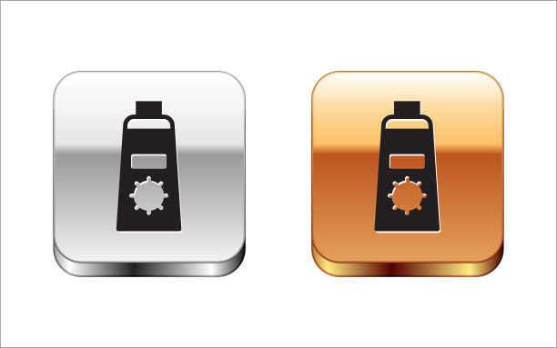 黑色防晒霜在管图标孤立在白色背景。保护皮肤免受太阳紫外线照射。金银平方按钮。向量图片下载