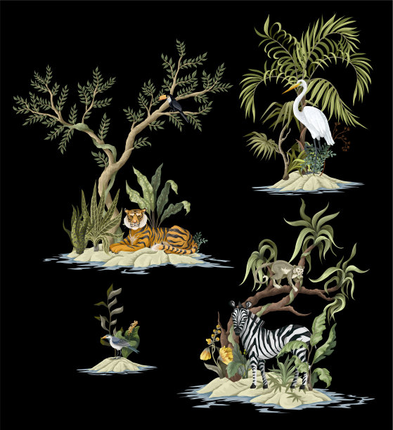 丛林，树木和动物孤立。时髦的热带打印。图片下载