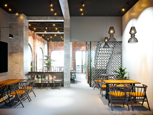 咖啡馆餐厅内部的3d渲染图片下载
