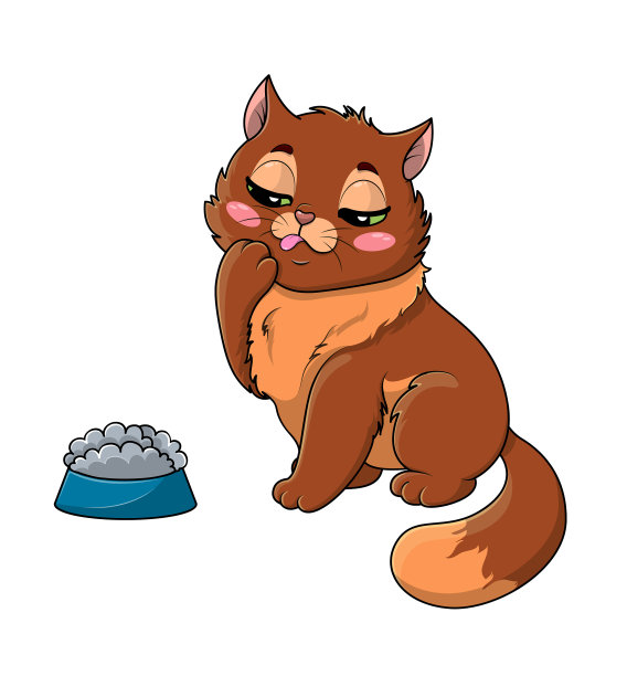 挑剔的卡通小猫咪，盯着食物看图片下载