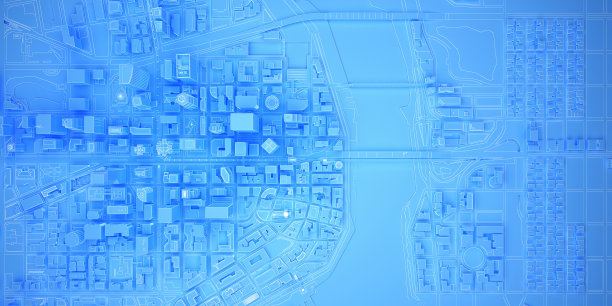 蓝色平原低聚现代市中心与河流顶视图图片下载