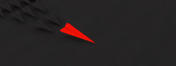 跟随领导者的概念。纸飞机红色领头一群黑色飞机。商业概念3D渲染图片下载
