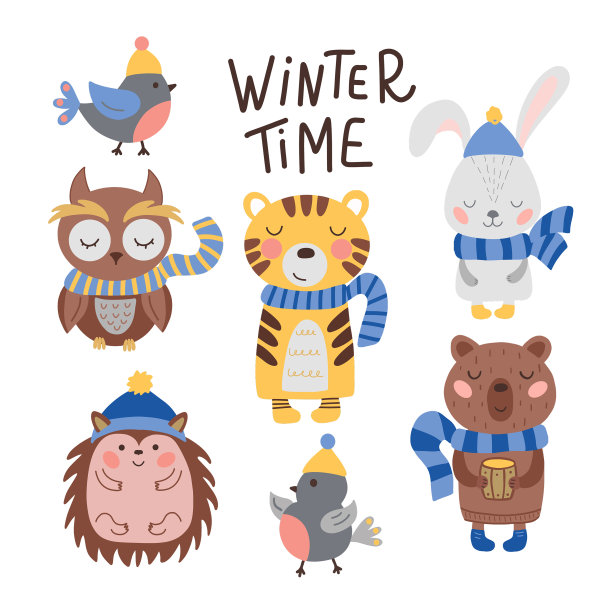 设置可爱的卡通动物在围巾和帽子图片下载