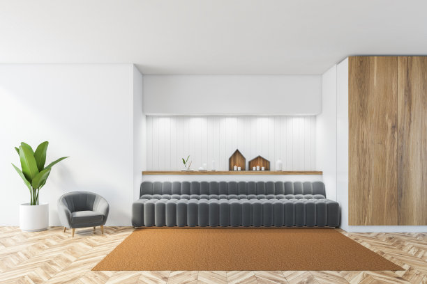 白色客厅里的灰色沙发，镶木地板上的地毯图片下载