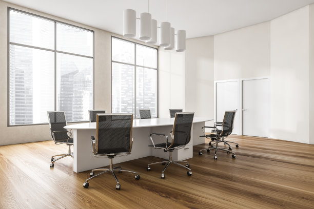 白色木制会议室，现代家具和窗户图片下载