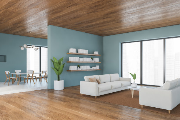 蓝色木质客厅，沙发和咖啡桌，书架和书图片下载