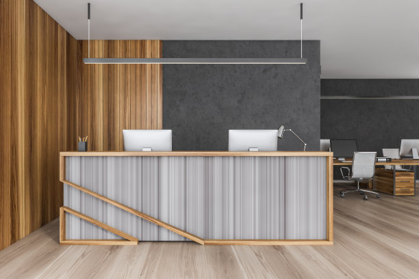 带电脑的木制接待室和开放式办公空间图片下载