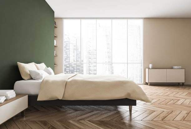 绿色和米色的卧室，床与亚麻布书架靠近窗户图片下载