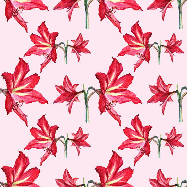 无缝模式水彩夏季花束红百合和芽孤立在粉红色的背景。手绘夏季植物插图贺卡，庆祝，婚礼，生日，墙纸，包装，纺织品，礼物图片下载