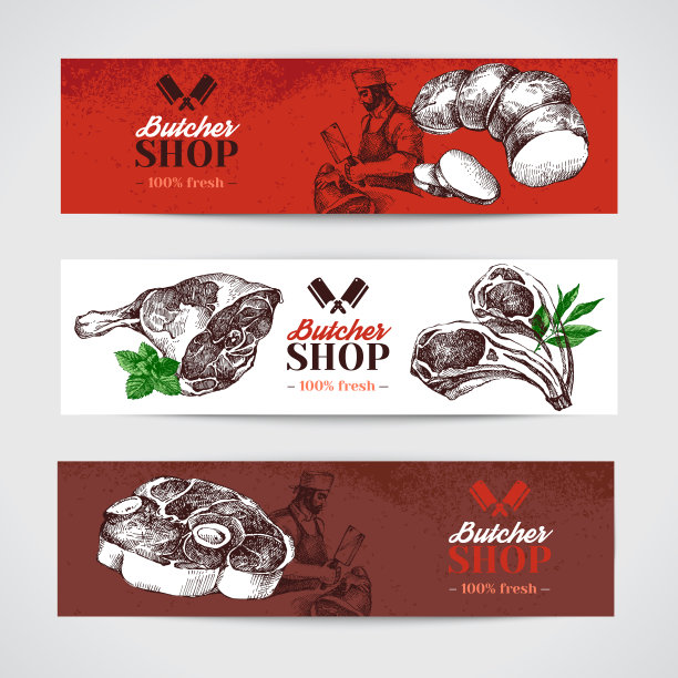 手绘素描肉类产品横幅集古董图片下载