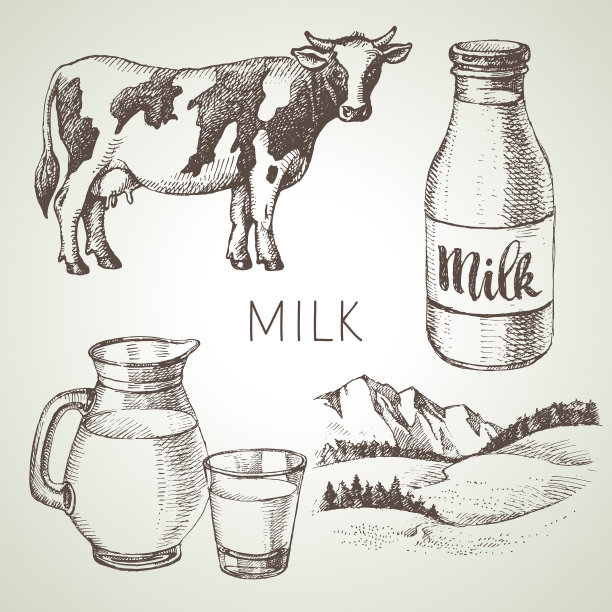 手绘奶制品的素描设置黑色和图片下载