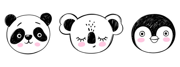 涂鸦动物头部矢量集。熊猫、考拉、企鹅的脸都是素描风格。手绘可爱的儿童插图图片下载
