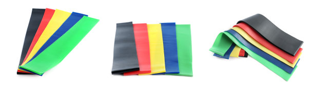 一套不同的健身松紧带，白色背景，旗帜设计图片下载