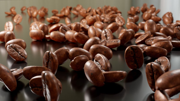 许多烘烤过的咖啡豆落在地上并在慢镜头中旋转。三维渲染图片下载