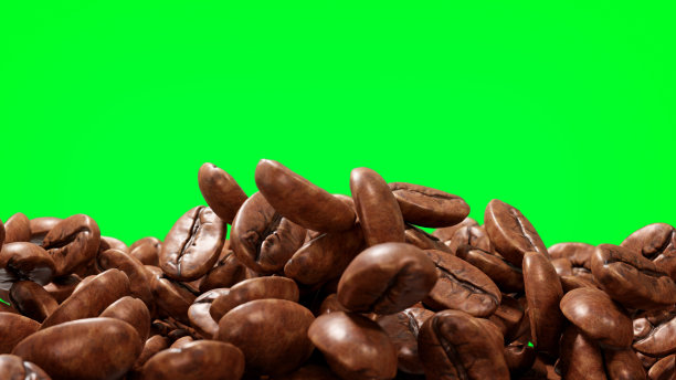 美丽的超慢动作镜头香浓的咖啡豆在煎锅里被烤爆在空气中绿色的屏幕。三维渲染图片下载