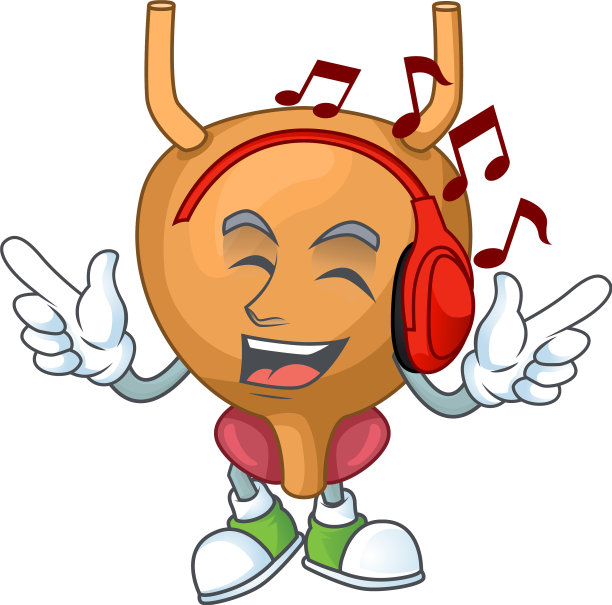 卡通吉祥物膀胱享受音乐耳机图片下载