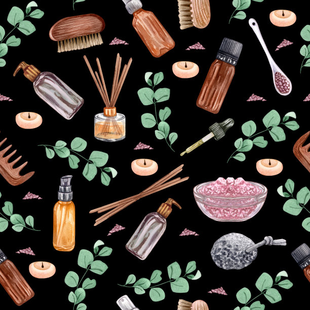 水彩无缝图案以美容、水疗、清洁为主题。由各种浴室配件组成图片下载