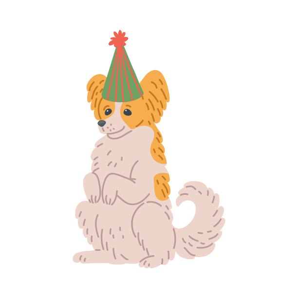 狗在生日帽子坐在它的后腿，平面矢量插图孤立。图片下载