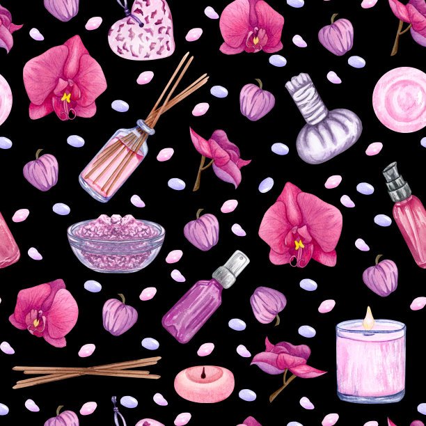 水彩无缝图案以美容、水疗、清洁为主题。由各种浴室配件组成图片下载