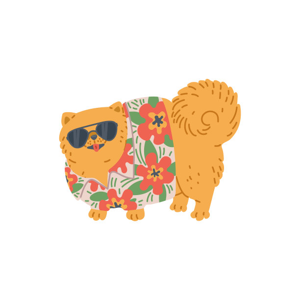 可爱的毛茸茸的狗在夏威夷衬衫和护目镜平面矢量插图孤立。图片下载