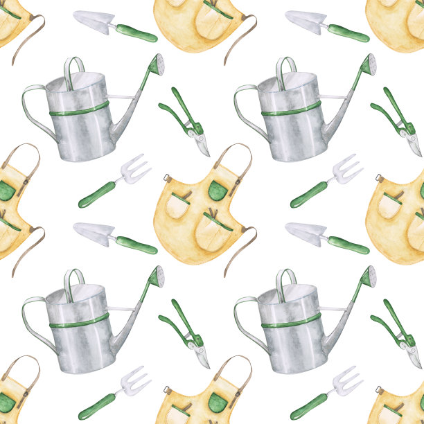 园艺工具无缝图案上的白色背景。水彩园林工具无穷无尽的打印。农舍手绘墙纸。花园围裙，软管，手推车，绳子，铁锹，雨靴，手套，可以。图片下载
