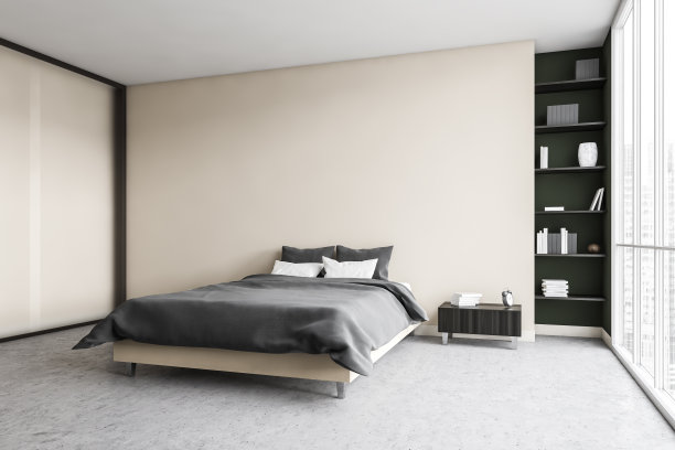 米色的卧室，灰色的床，床单，衣柜和靠近窗户的书架图片下载