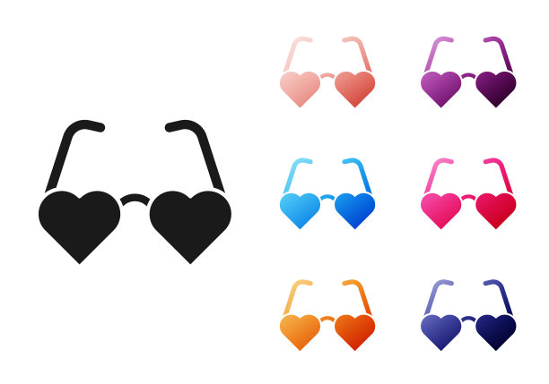 黑心形状的爱眼镜图标孤立在白色的背景。适合情人节贺卡设计。设置图标丰富多彩。向量图片下载