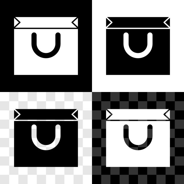 设置购物袋图标孤立的黑色和白色，透明的背景。购物袋商店喜欢心形图标。情人节的象征。向量图片下载