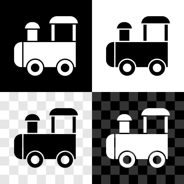 设置玩具火车图标隔离在黑色和白色，透明的背景。向量图片下载