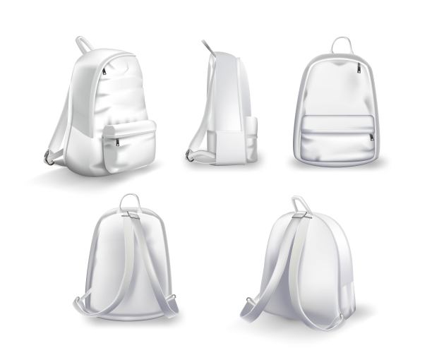 白色背包设计正面，侧面和背面视图集。大学或学校背包模型矢量插图。现实的青年包织物研究或运动与阴影图片下载