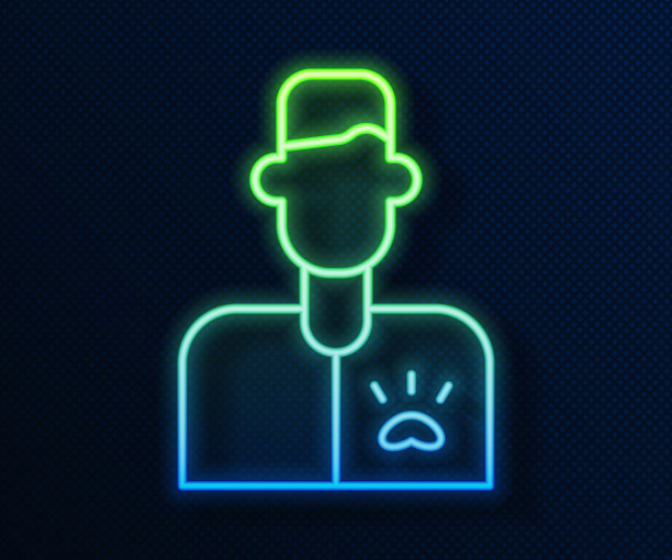 发光的霓虹灯线兽医医生图标孤立在蓝色背景。向量图片下载