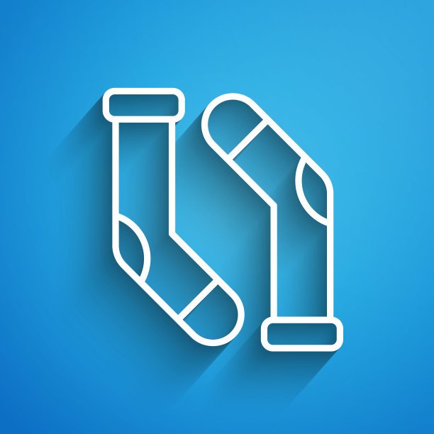 白线袜子图标孤立在蓝色背景。长长的阴影。向量图片下载